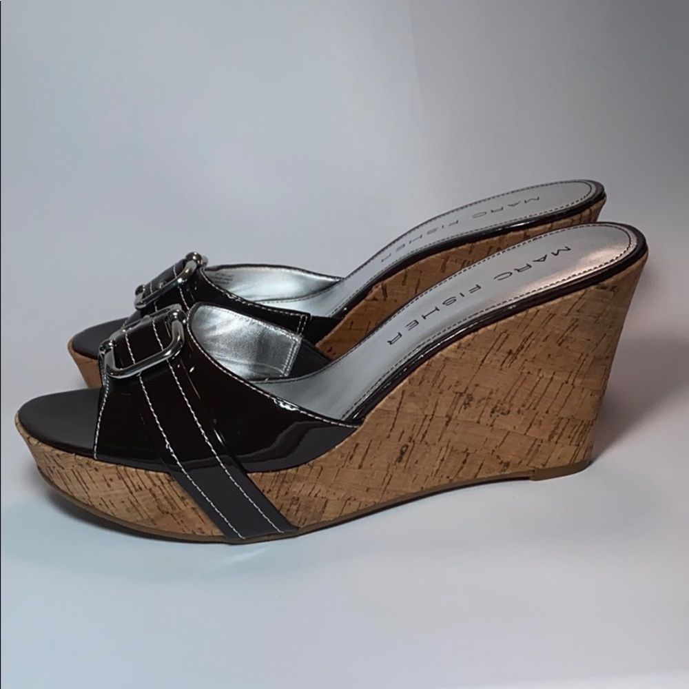 MARC FISHER Obell Cork Wedges, Shiny Pat. Leather, Buckle, Flawless Size 9.5